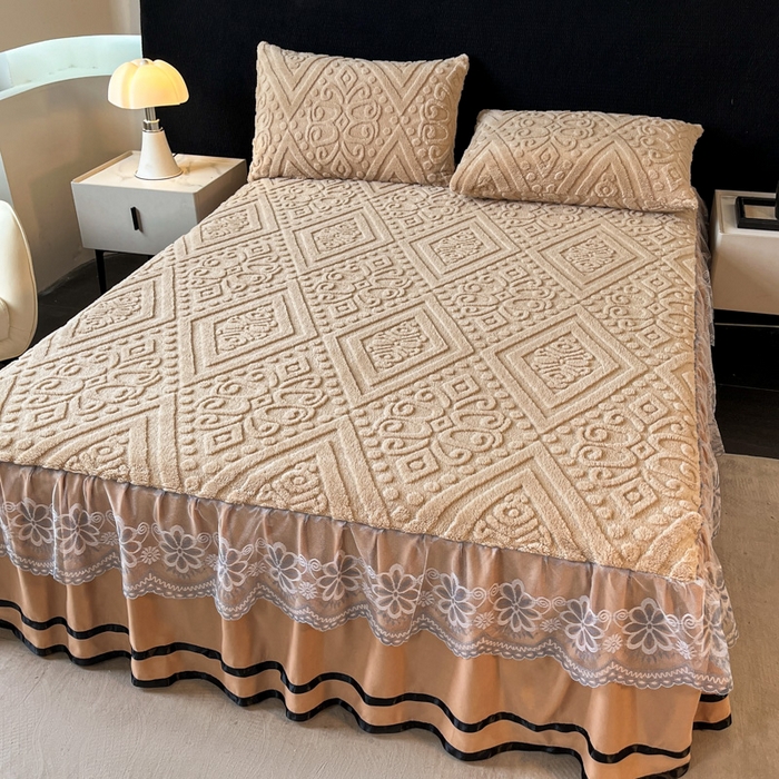 91家纺网 家纺一手货源 找家纺 米瑞娜 2025新款塔芙绒床裙三件套雕花绒蕾丝跨境单床裙外贸现货尺寸齐全 欧式床裙-卡其