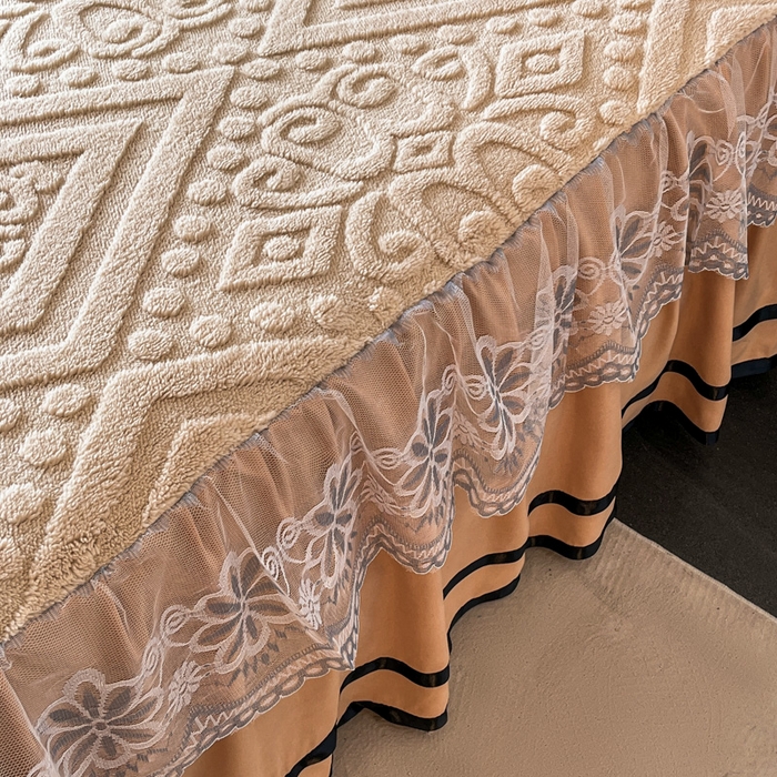 91家纺网 家纺一手货源 找家纺 米瑞娜 2025新款塔芙绒床裙三件套雕花绒蕾丝跨境单床裙外贸现货尺寸齐全 欧式床裙-卡其