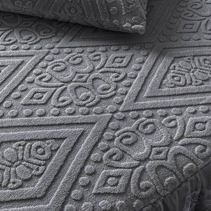 91家纺网 家纺一手货源 找家纺 米瑞娜 2025新款塔芙绒床裙三件套雕花绒蕾丝跨境单床裙外贸现货尺寸齐全 欧式床裙-深灰