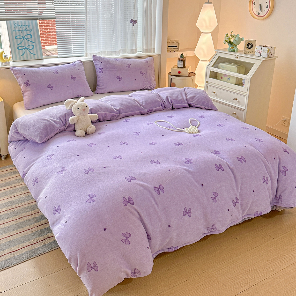 91家纺网 家纺一手货源 找家纺 名品家纺 2025新款保暖牛奶绒单被套 蝴蝶结紫