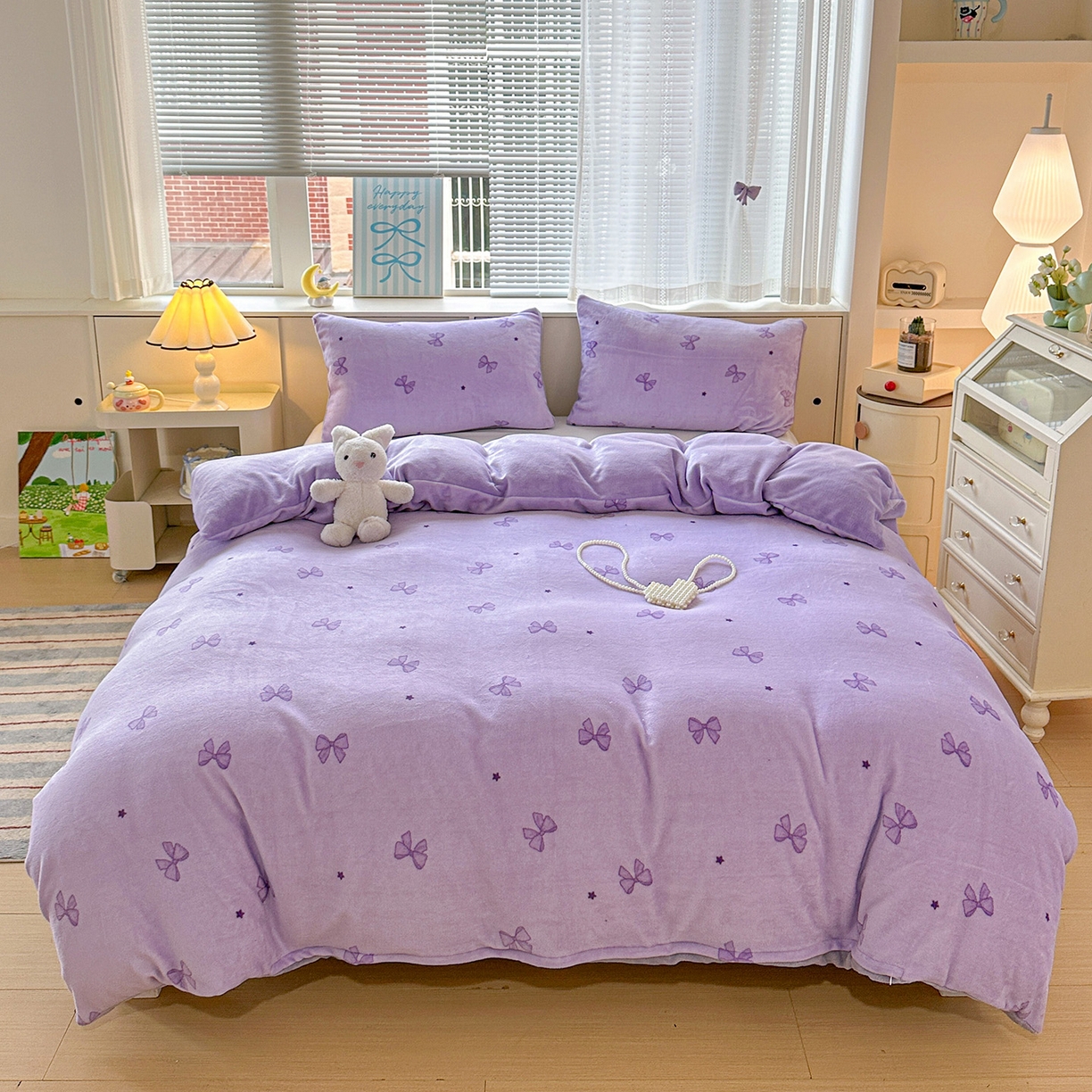 91家纺网 家纺一手货源 找家纺 名品家纺 2025新款保暖牛奶绒单被套 蝴蝶结紫