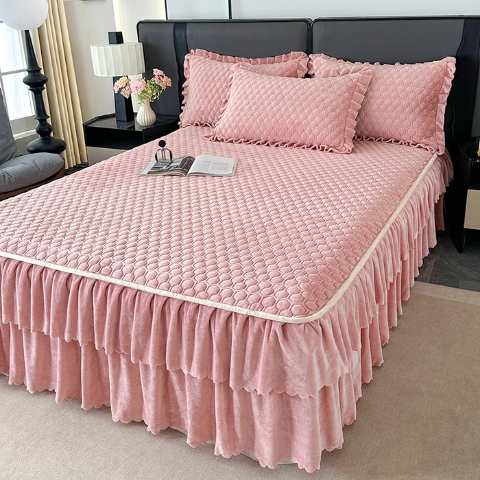 董韵家纺 2025新款牛奶绒刺绣夹棉床裙三件套系列（控价） 绒语-浅豆沙