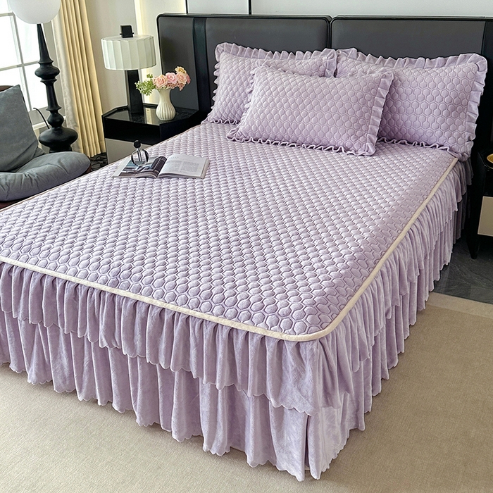 董韵家纺 2025新款牛奶绒刺绣夹棉床裙三件套系列（控价） 绒语-云紫