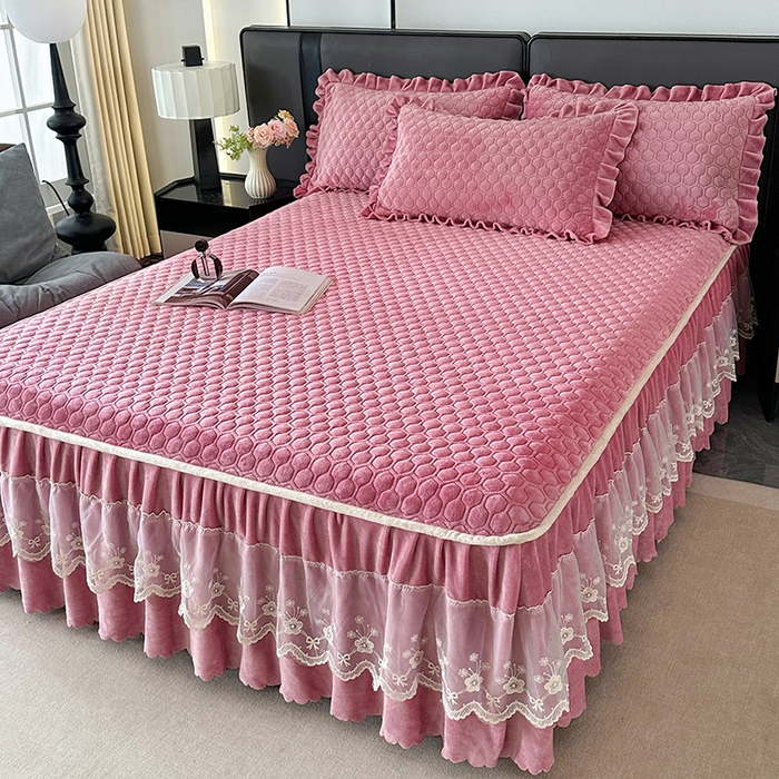 董韵家纺 2025新款牛奶绒刺绣夹棉床裙三件套系列（控价） 丝语-豆沙