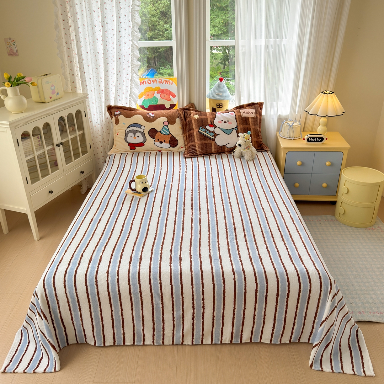 91家纺网 家纺一手货源 找家纺 典曼家纺 2025新款200g牛奶绒数码印花加毛巾绣四件套 海盐蛋糕