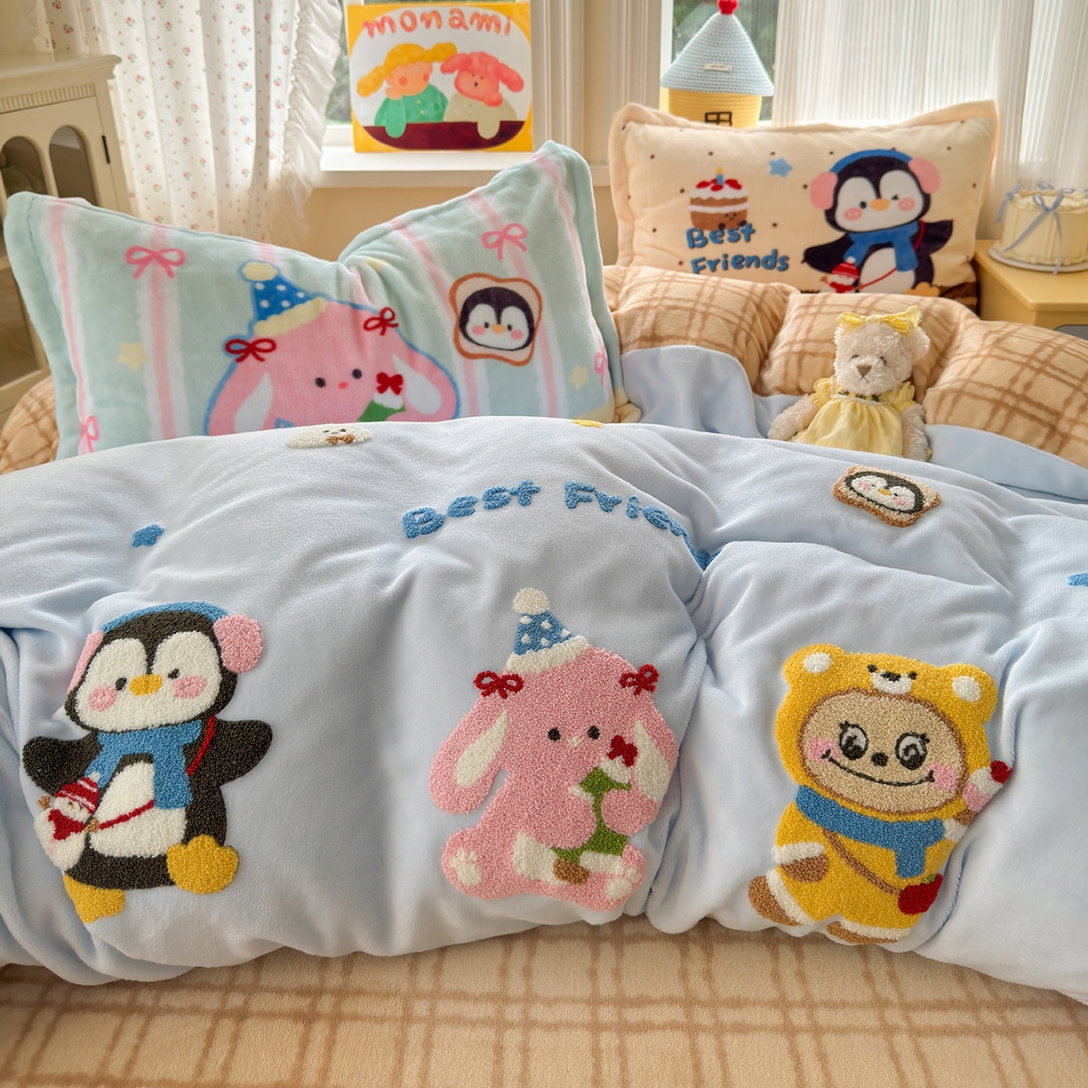 91家纺网 家纺一手货源 找家纺 典曼家纺 2025新款200g牛奶绒数码印花加毛巾绣四件套 快乐萌友