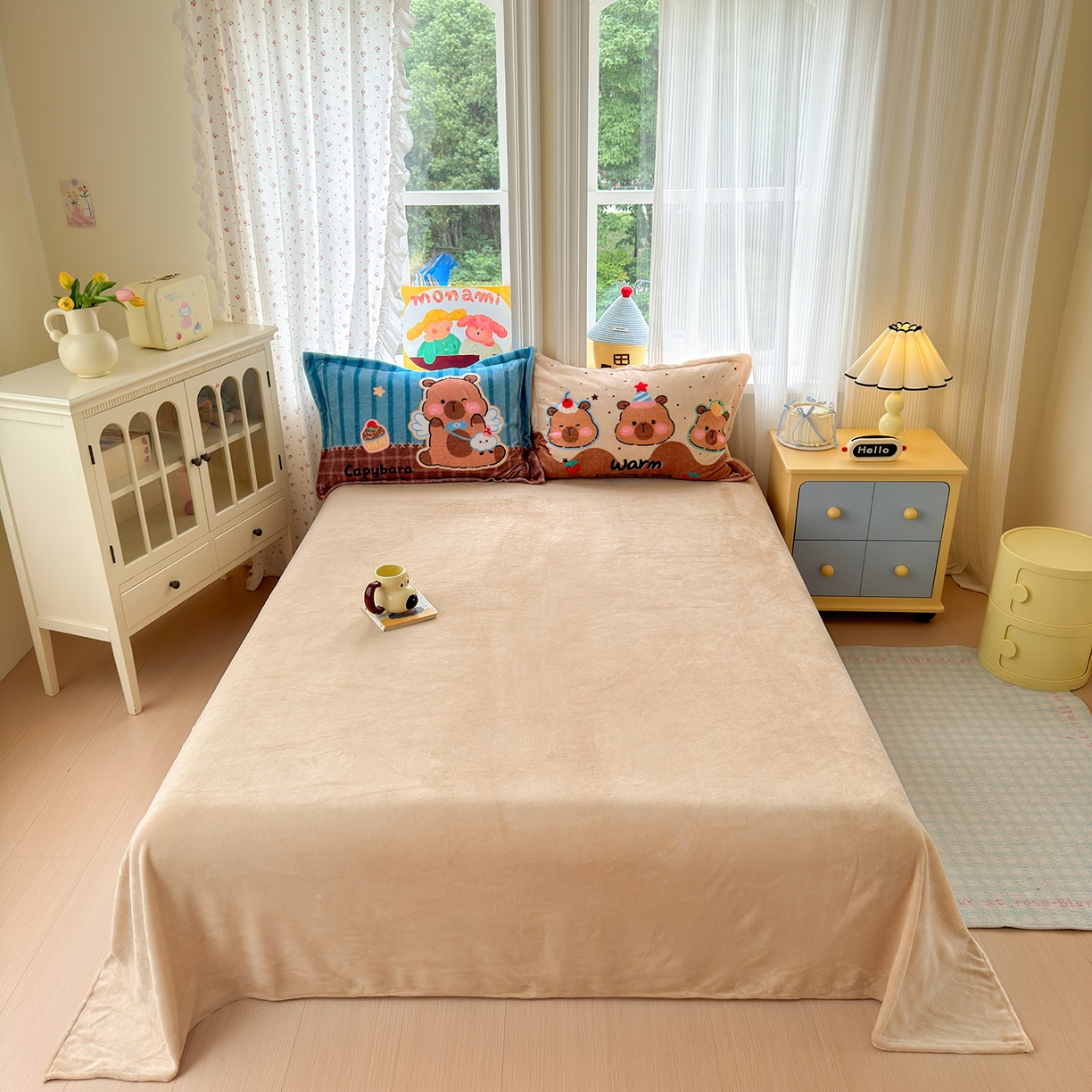 91家纺网 家纺一手货源 找家纺 典曼家纺 2025新款200g牛奶绒数码印花加毛巾绣四件套 星落卡皮