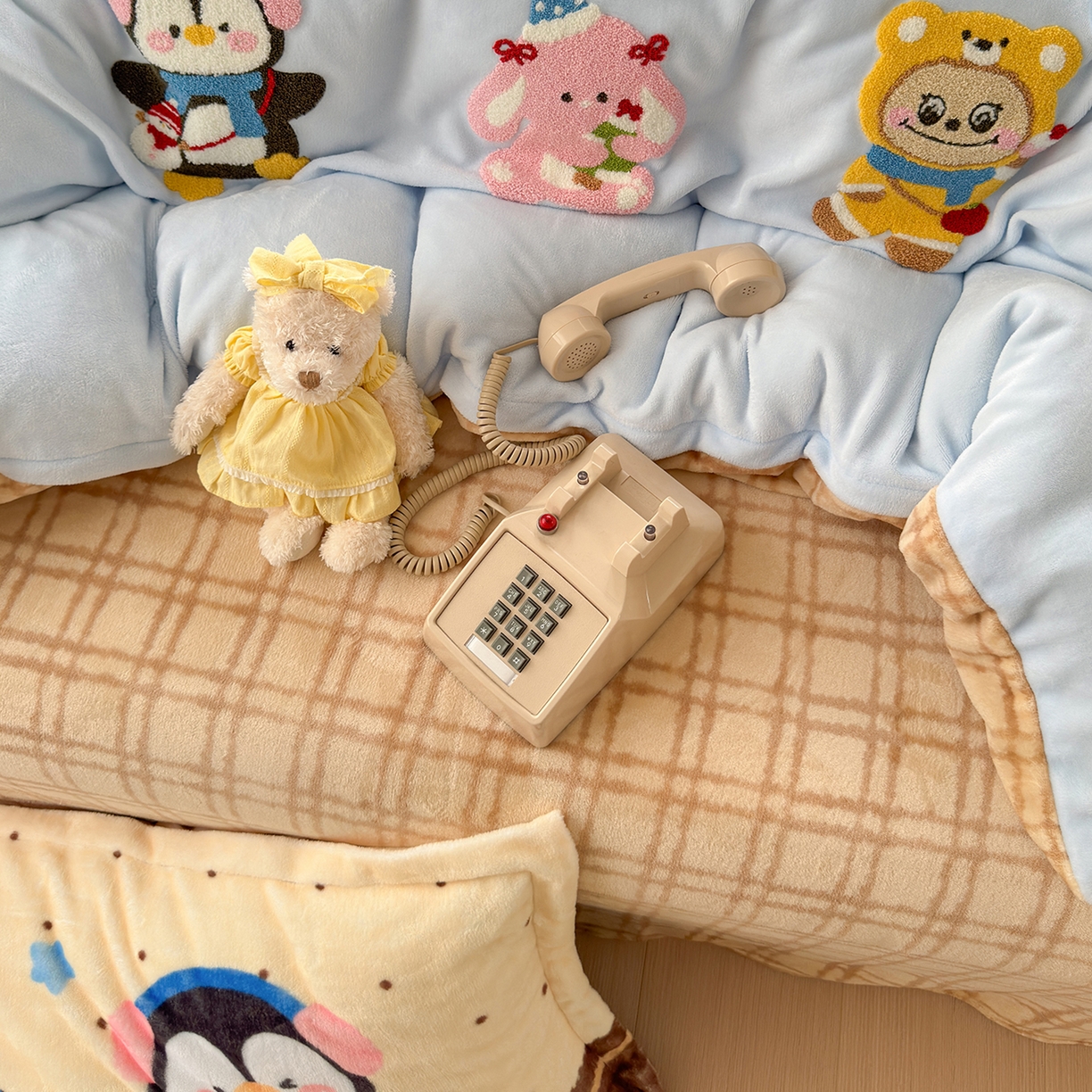 91家纺网 家纺一手货源 找家纺 典曼家纺 2025新款200g牛奶绒数码印花加毛巾绣四件套 快乐萌友