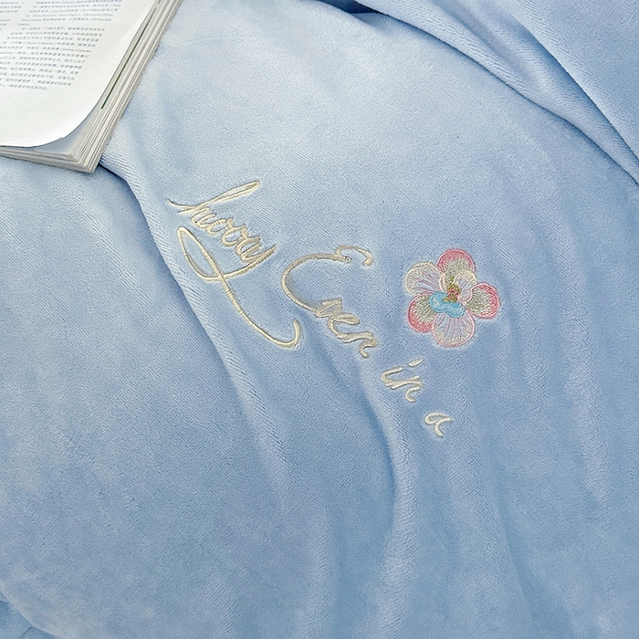 91家纺网 家纺一手货源 找家纺 董韵家纺 2025新款牛奶绒刺绣夹棉床裙四件套系列（控价） 丝语-浅穹蓝