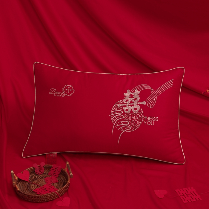 91家纺网 家纺一手货源 找家纺 （总）仁宇枕业 2025新款精美刺绣全棉大红枕头喜事成双婚庆新娘新郎结婚枕头枕芯