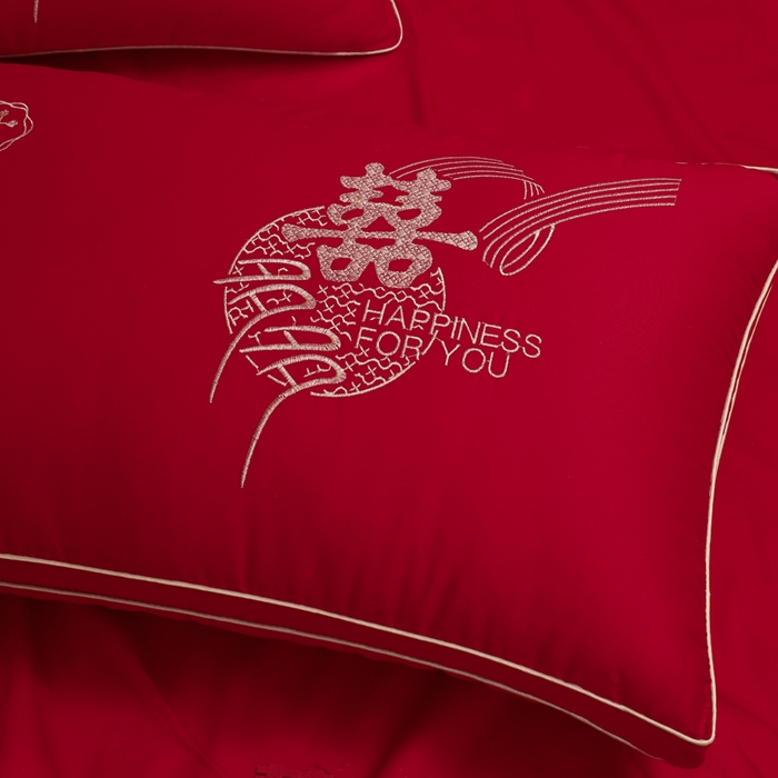 91家纺网 家纺一手货源 找家纺 （总）仁宇枕业 2025新款精美刺绣全棉大红枕头喜事成双婚庆新娘新郎结婚枕头枕芯
