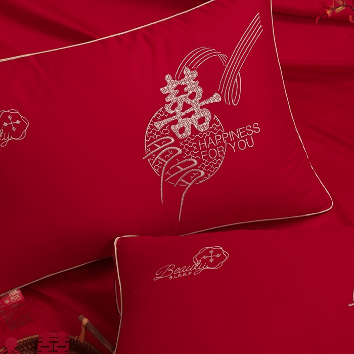 91家纺网 家纺一手货源 找家纺 （总）仁宇枕业 2025新款精美刺绣全棉大红枕头喜事成双婚庆新娘新郎结婚枕头枕芯