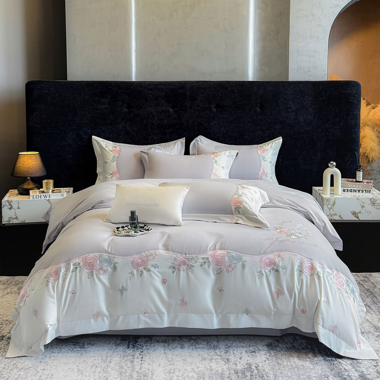 91家纺网 家纺一手货源 找家纺 乔利卡沃 2025新款直播爆款A类加厚保暖全棉纯棉磨毛四件套纯棉重工刺绣被套冬季床上用品 绮影-时尚灰