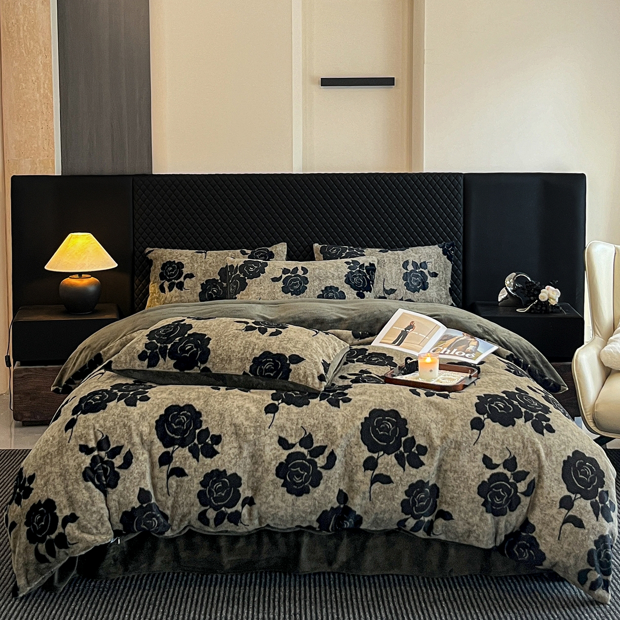 民新家纺 2025新款兔毛绒印花简约款四件套 简约款-爱意玫瑰灰