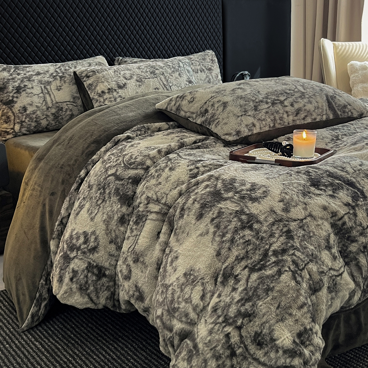 91家纺网 家纺一手货源 找家纺 民新家纺 2025新款兔毛绒印花简约款四件套 简约款-暖秋