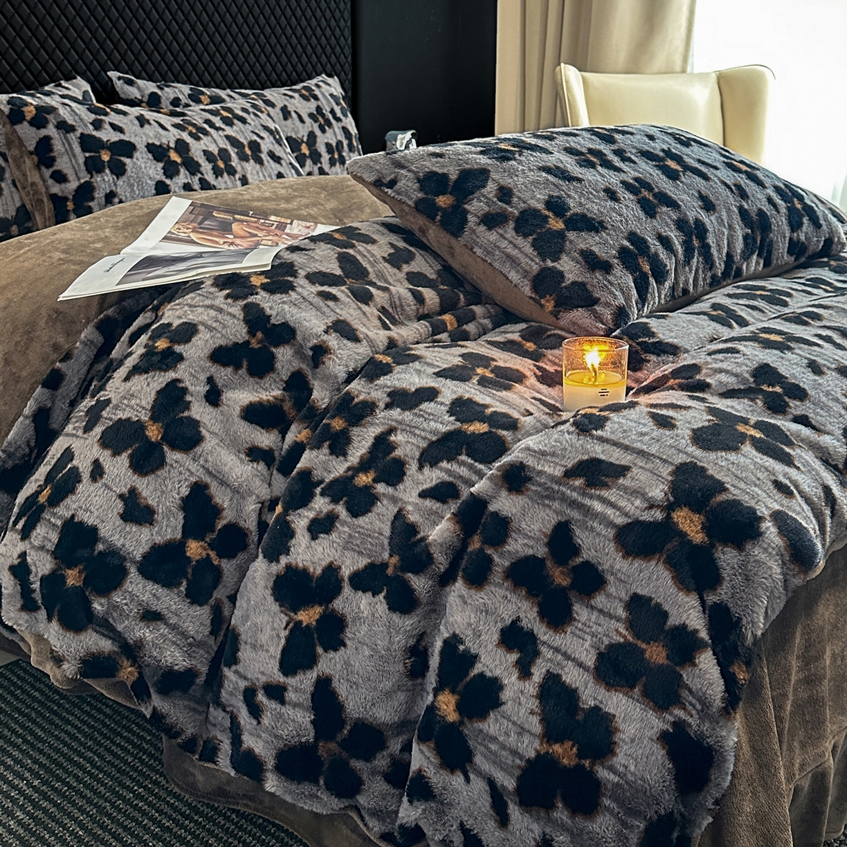 91家纺网 家纺一手货源 找家纺 民新家纺 2025新款兔毛绒印花简约款四件套 简约款-蝶语灰