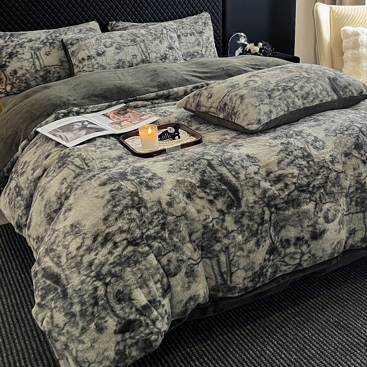 91家纺网 家纺一手货源 找家纺 民新家纺 2025新款兔毛绒印花简约款四件套 简约款-暖秋