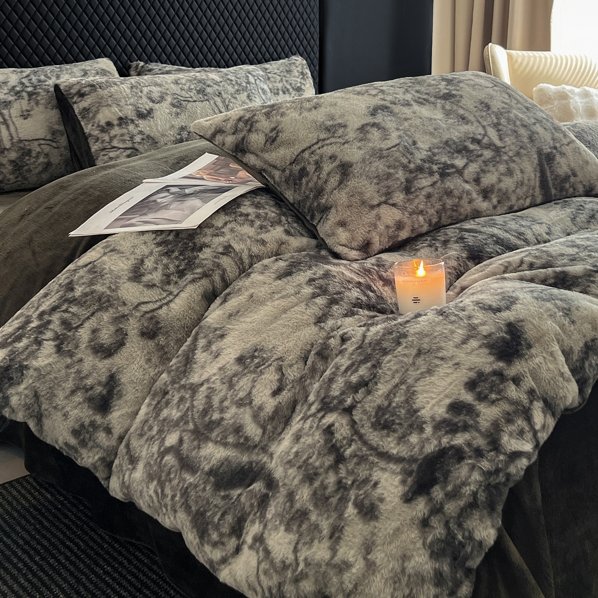 91家纺网 家纺一手货源 找家纺 民新家纺 2025新款兔毛绒印花简约款四件套 简约款-暖秋