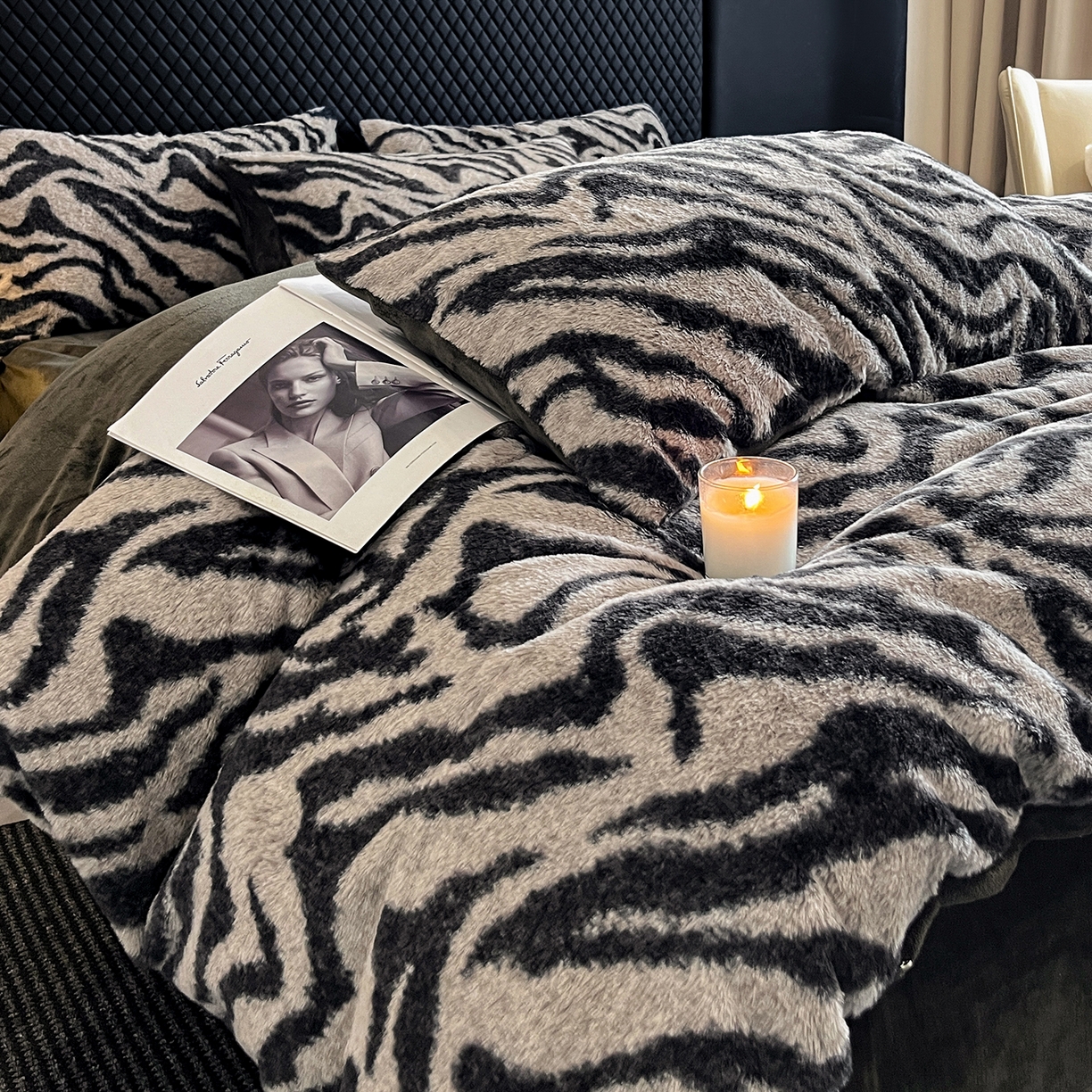 91家纺网 家纺一手货源 找家纺 民新家纺 2025新款兔毛绒印花简约款四件套 简约款-条纹