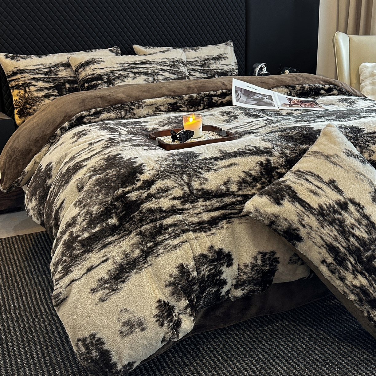 91家纺网 家纺一手货源 找家纺 民新家纺 2025新款兔毛绒印花简约款四件套 简约款-素影