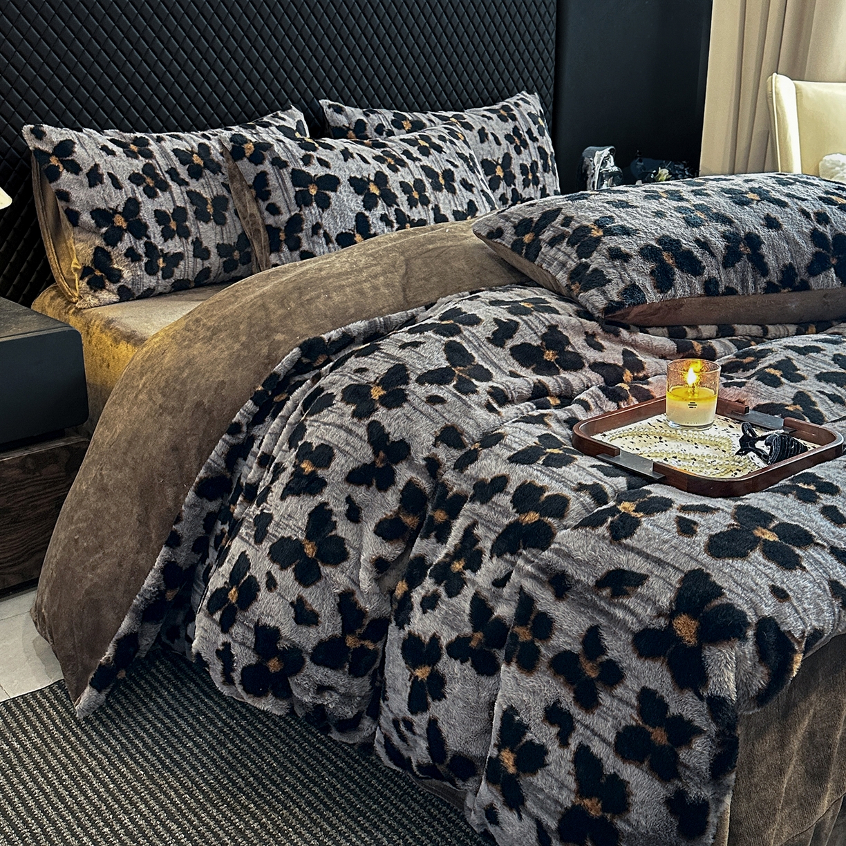 91家纺网 家纺一手货源 找家纺 民新家纺 2025新款兔毛绒印花简约款四件套 简约款-蝶语灰