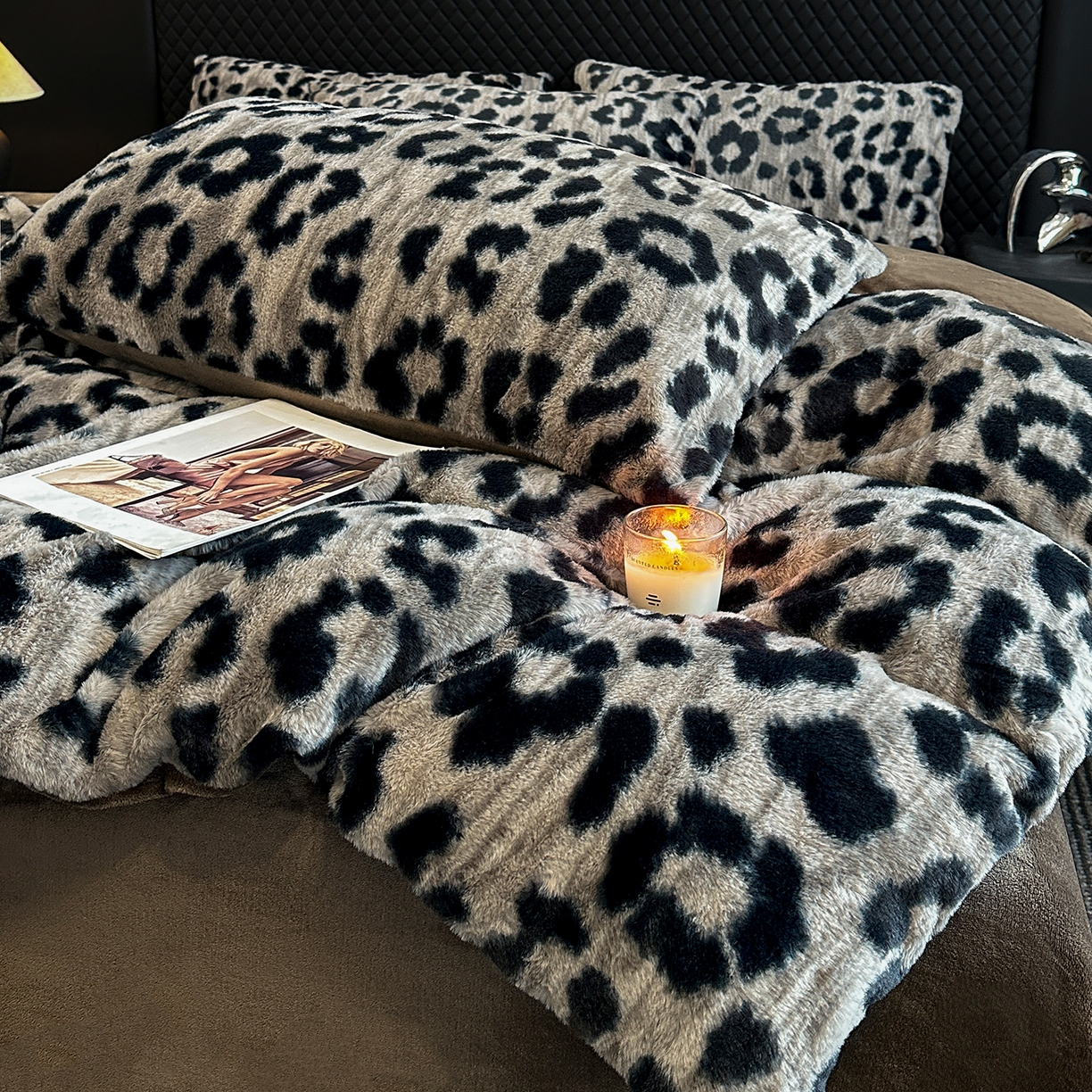 91家纺网 家纺一手货源 找家纺 民新家纺 2025新款兔毛绒印花简约款四件套 简约款豹纹-灰