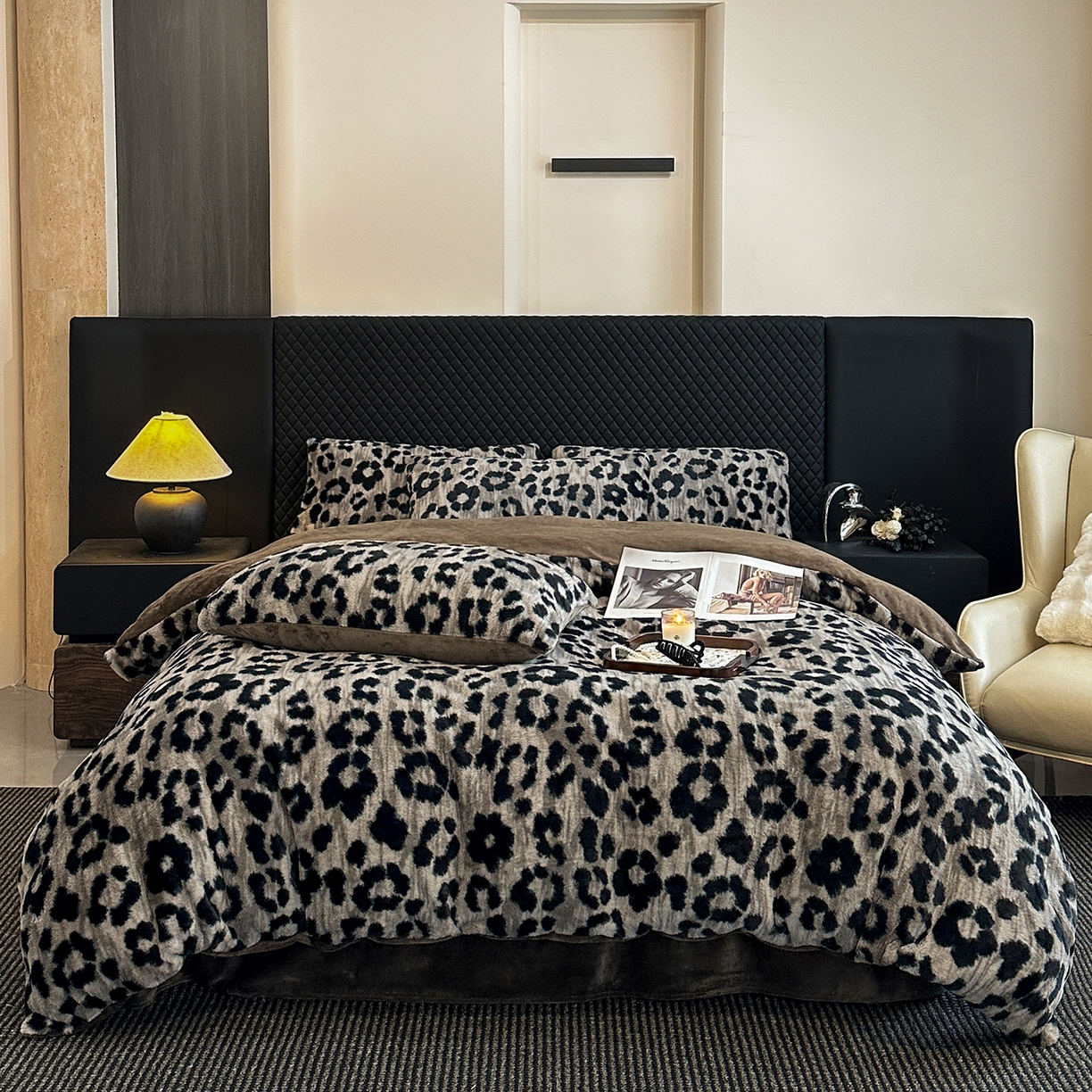 民新家纺 2025新款兔毛绒印花简约款四件套 简约款豹纹-灰
