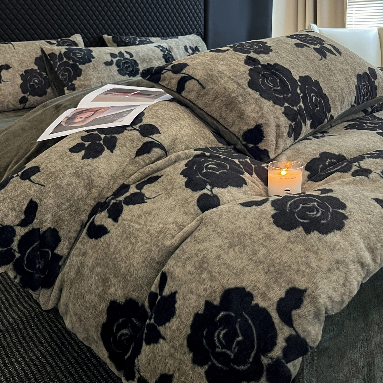 91家纺网 家纺一手货源 找家纺 民新家纺 2025新款兔毛绒印花简约款四件套 简约款-爱意玫瑰灰