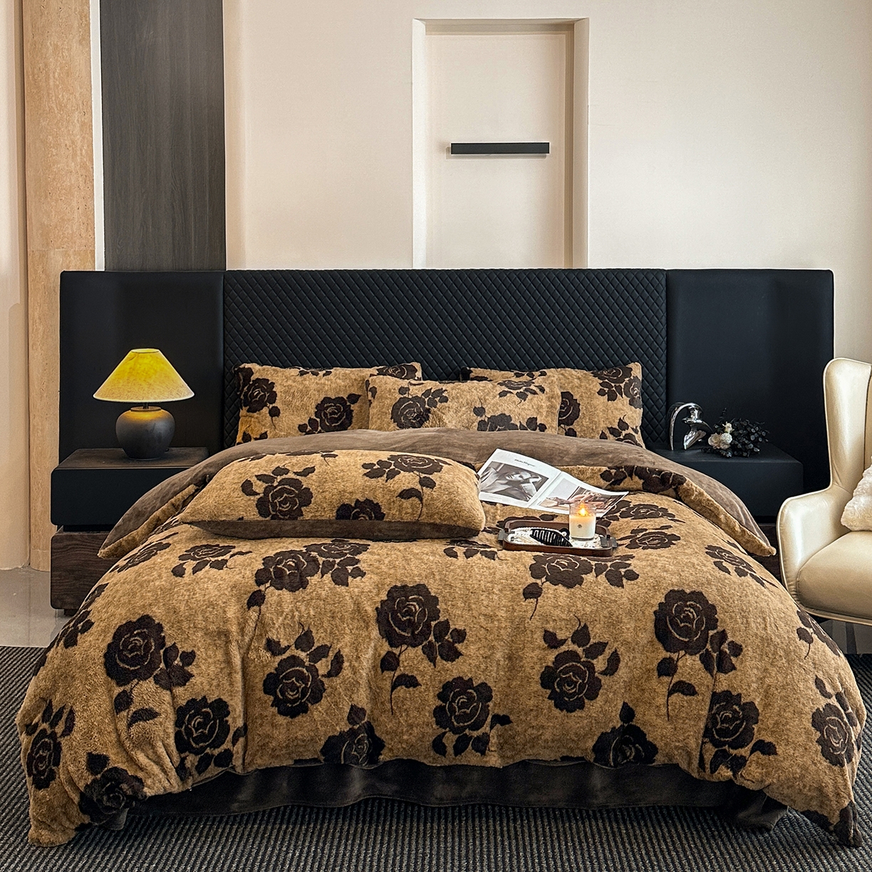 民新家纺 2025新款兔毛绒印花简约款四件套 简约款-爱意玫瑰咖