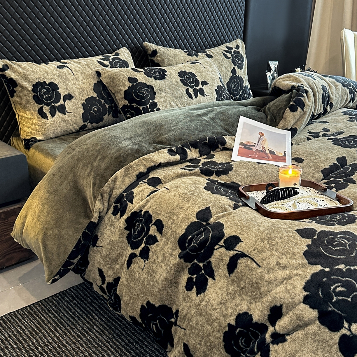 91家纺网 家纺一手货源 找家纺 民新家纺 2025新款兔毛绒印花简约款四件套 简约款-爱意玫瑰灰