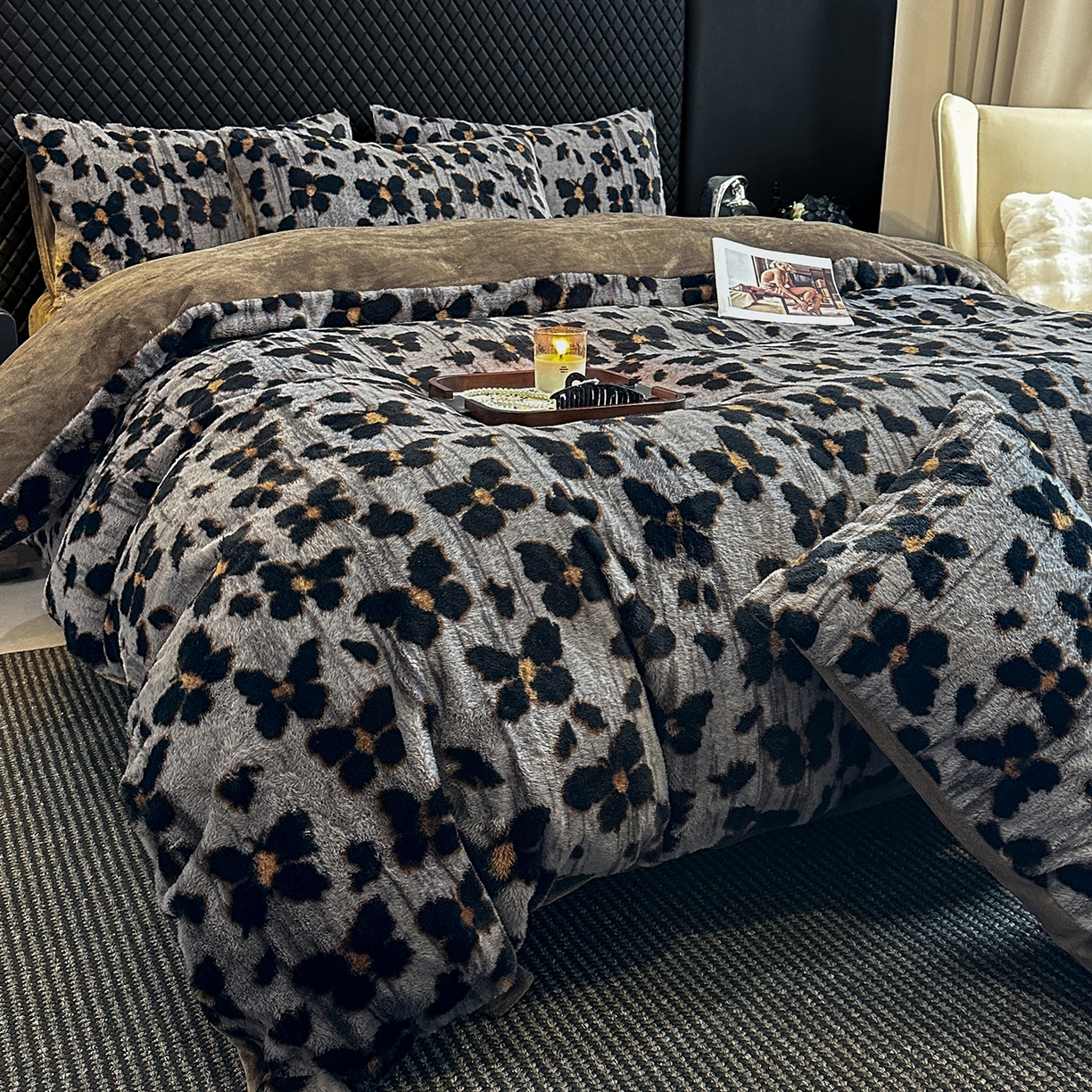 91家纺网 家纺一手货源 找家纺 民新家纺 2025新款兔毛绒印花简约款四件套 简约款-蝶语灰