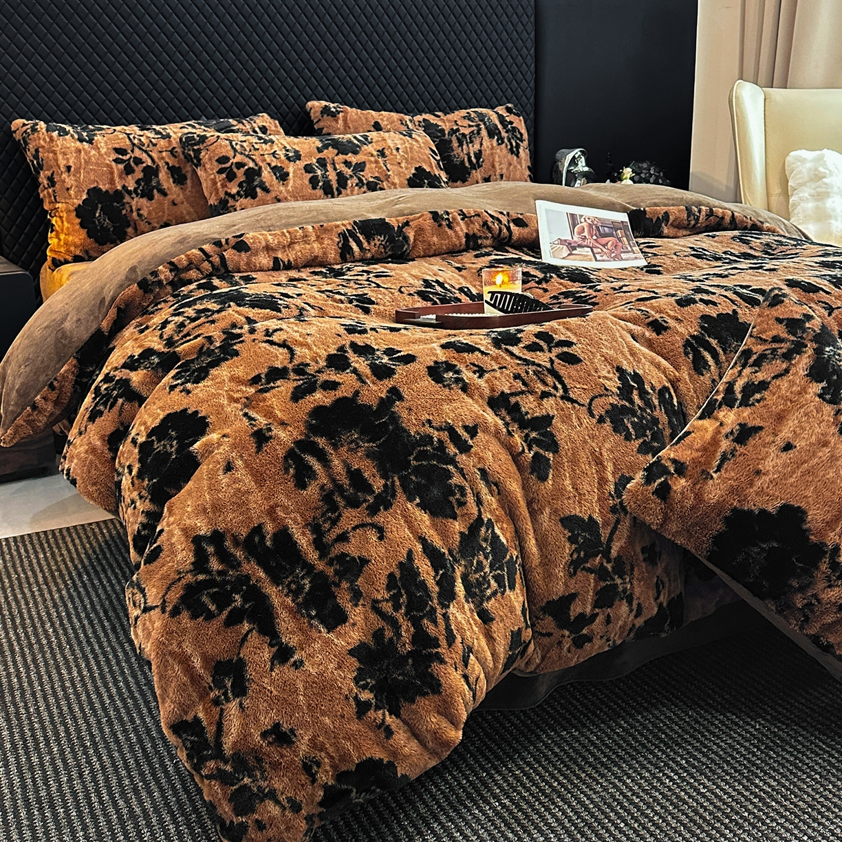 91家纺网 家纺一手货源 找家纺 民新家纺 2025新款兔毛绒印花简约款四件套 简约款-秋意