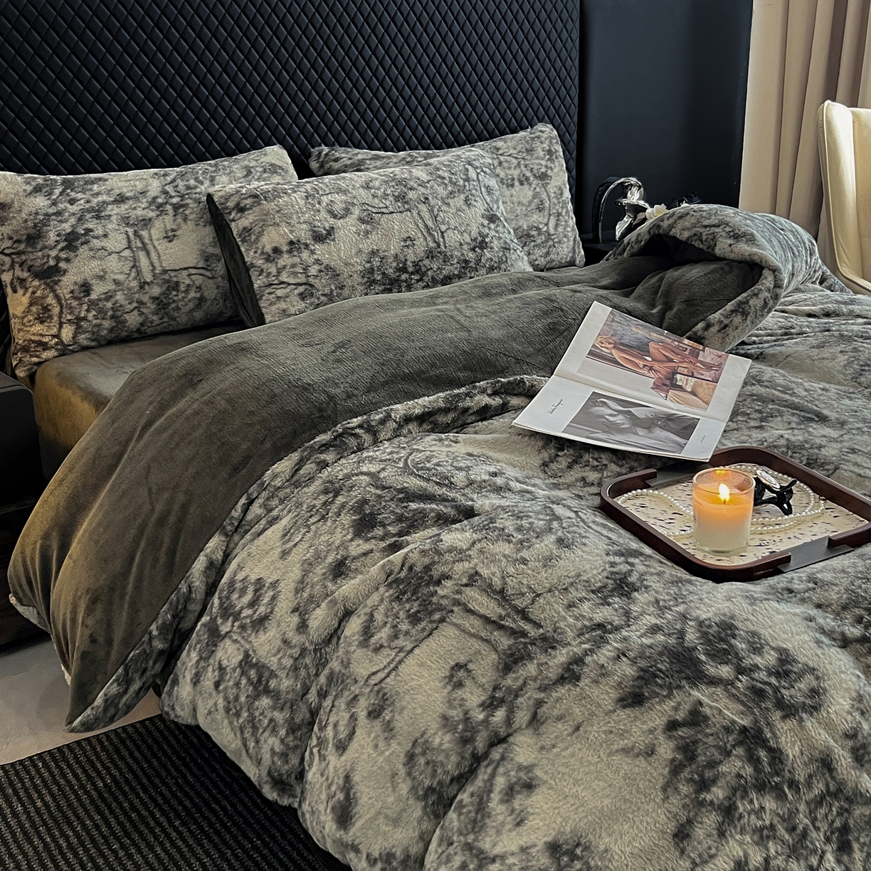 91家纺网 家纺一手货源 找家纺 民新家纺 2025新款兔毛绒印花简约款四件套 简约款-暖秋