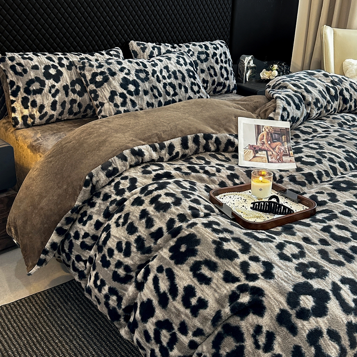 91家纺网 家纺一手货源 找家纺 民新家纺 2025新款兔毛绒印花简约款四件套 简约款豹纹-灰