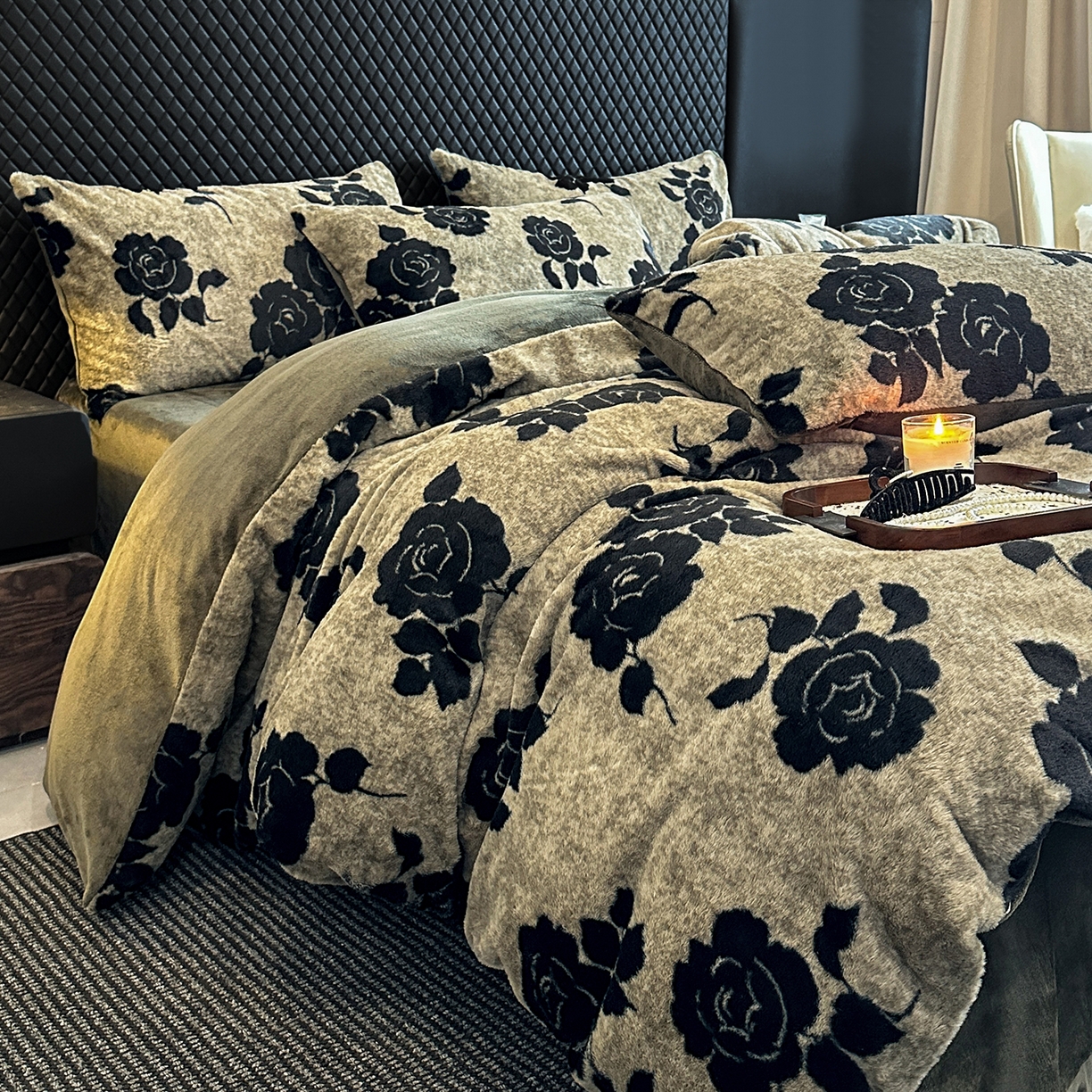 91家纺网 家纺一手货源 找家纺 民新家纺 2025新款兔毛绒印花简约款四件套 简约款-爱意玫瑰灰