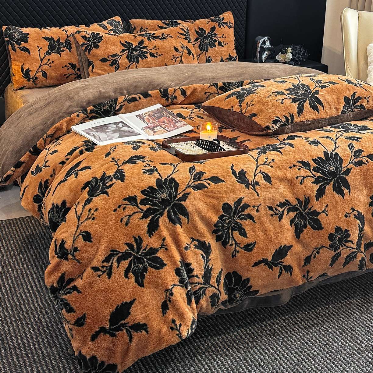 91家纺网 家纺一手货源 找家纺 民新家纺 2025新款兔毛绒印花简约款四件套 简约款-繁花