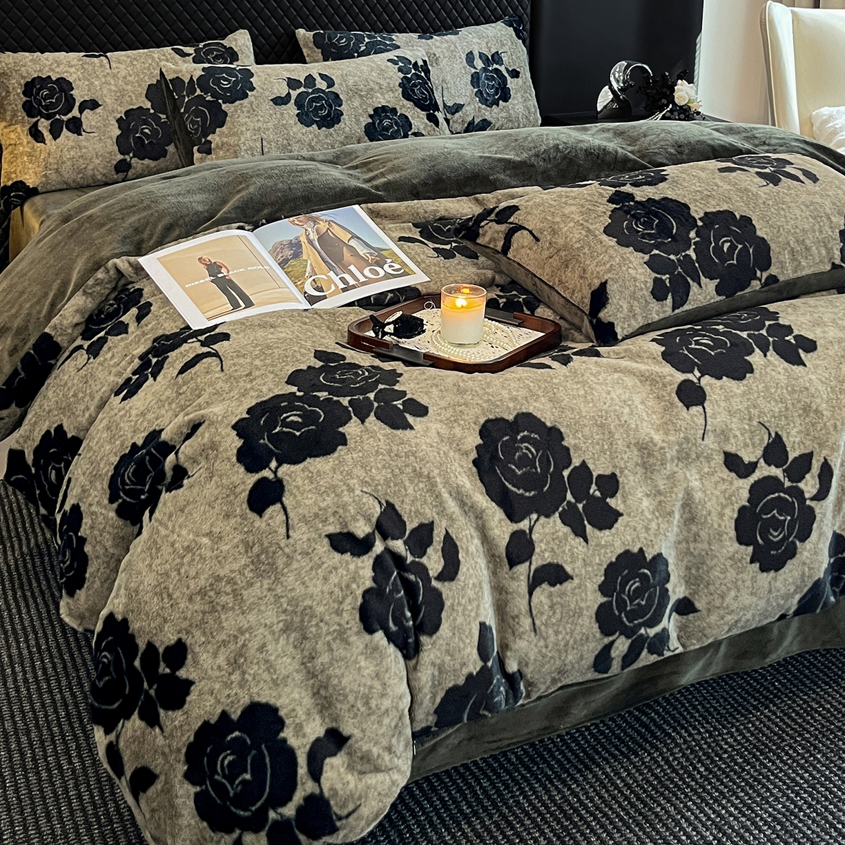 91家纺网 家纺一手货源 找家纺 民新家纺 2025新款兔毛绒印花简约款四件套 简约款-爱意玫瑰灰