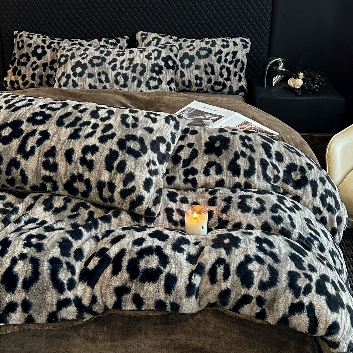 91家纺网 家纺一手货源 找家纺 民新家纺 2025新款兔毛绒印花简约款四件套 简约款豹纹-灰