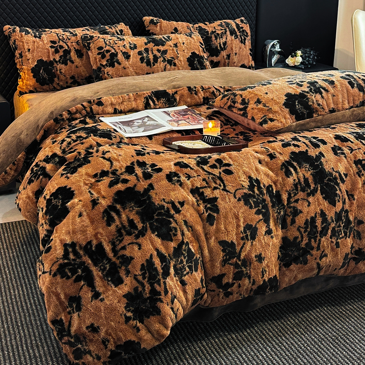 91家纺网 家纺一手货源 找家纺 民新家纺 2025新款兔毛绒印花简约款四件套 简约款-秋意