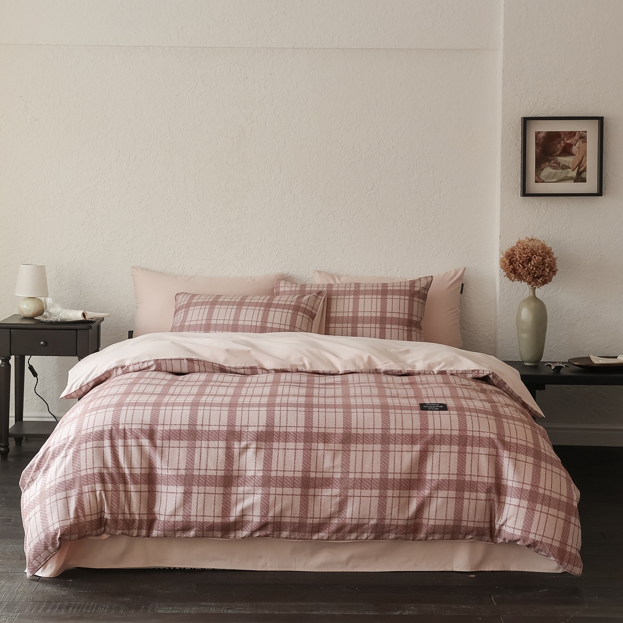 三味舒屋 2025新款50支全棉磨毛印花四件套-格纹俱乐部 粉棕格俱乐部