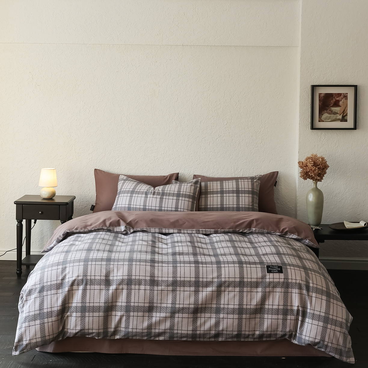 三味舒屋 2025新款50支全棉磨毛印花四件套-格纹俱乐部 米黑格俱乐部