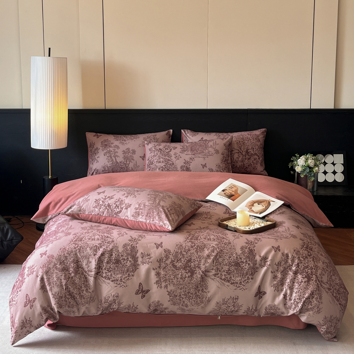 91家纺网 家纺一手货源 找家纺 典曼家纺 2025新品法式复古全棉A类磨毛四件套 春烟-红