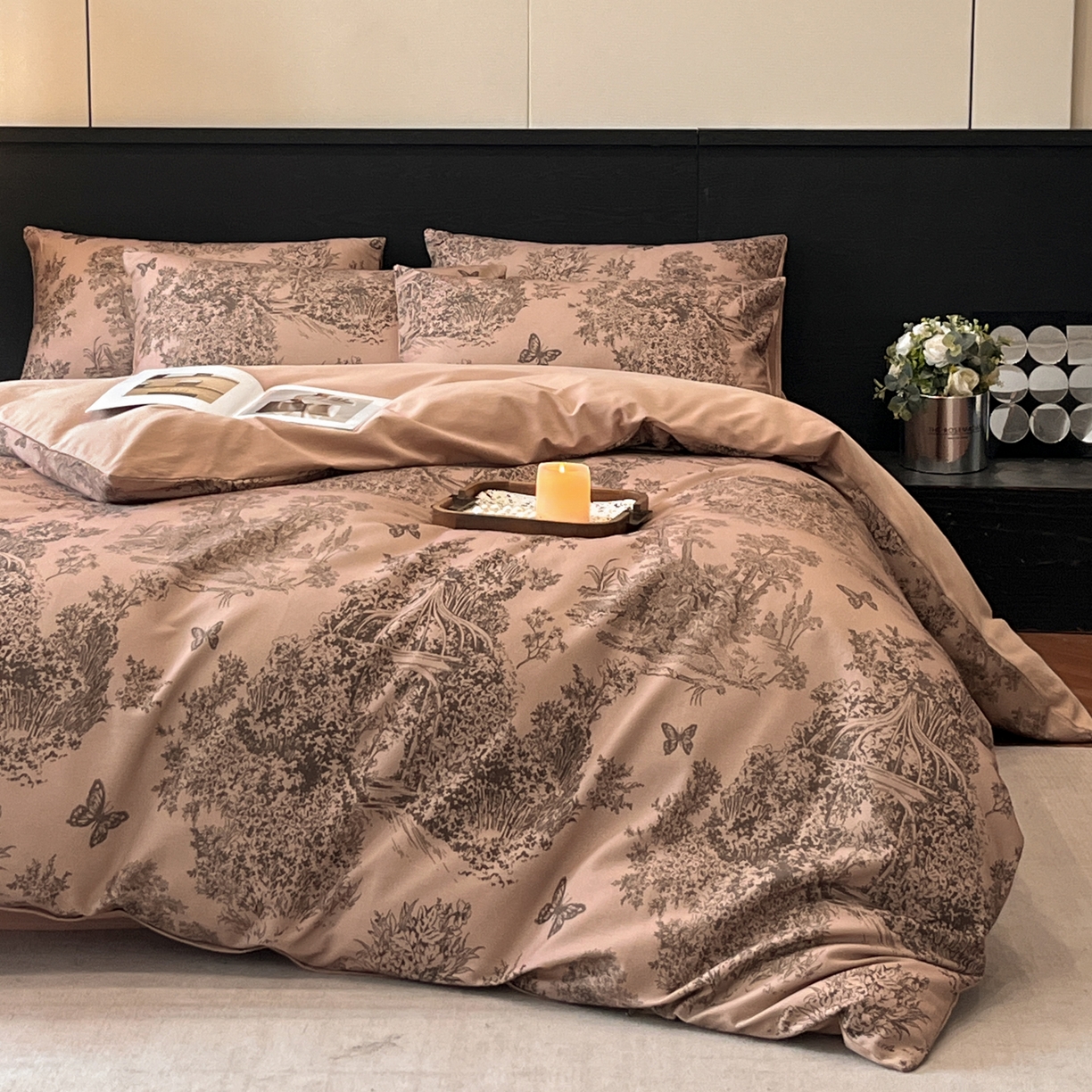 91家纺网 家纺一手货源 找家纺 典曼家纺 2025新品法式复古全棉A类磨毛四件套 春烟-咖