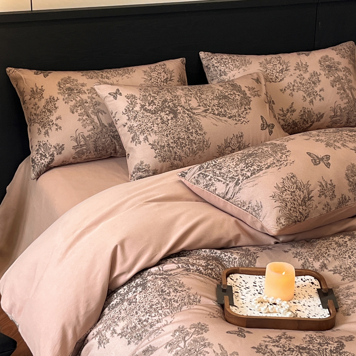 91家纺网 家纺一手货源 找家纺 典曼家纺 2025新品法式复古全棉A类磨毛四件套 春烟-咖