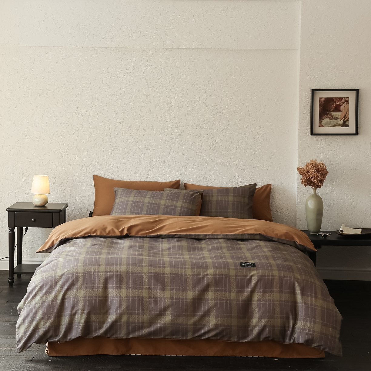 三味舒屋 2025新款50支全棉磨毛印花四件套-格纹俱乐部 咖绿格俱乐部