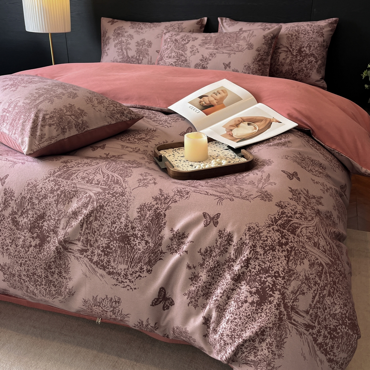 91家纺网 家纺一手货源 找家纺 典曼家纺 2025新品法式复古全棉A类磨毛四件套 春烟-红