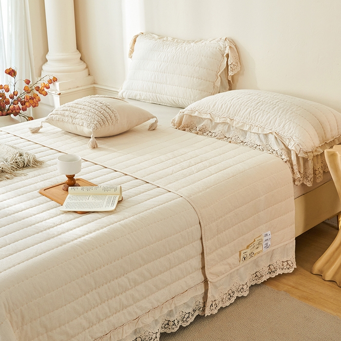 91家纺网 家纺一手货源 找家纺 桂雅居 2025新款舒适麻棉麻蕾丝花边单床盖床盖单件 麻本色