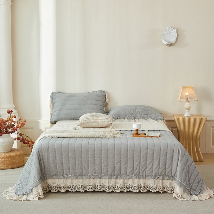 91家纺网 家纺一手货源 找家纺 桂雅居 2025新款舒适麻棉麻蕾丝花边单床盖床盖单件 烟墨灰