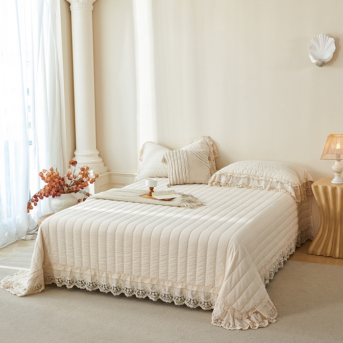 91家纺网 家纺一手货源 找家纺 桂雅居 2025新款舒适麻棉麻蕾丝花边单床盖床盖单件 麻本色