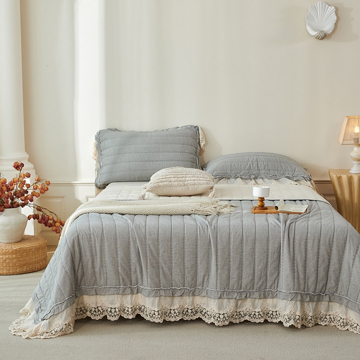 91家纺网 家纺一手货源 找家纺 桂雅居 2025新款舒适麻棉麻蕾丝花边单床盖床盖单件 烟墨灰